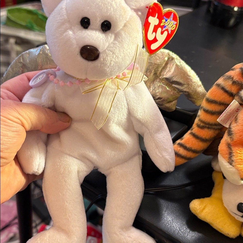 Ty Angel Bear with Gold Wings and Pink Necklace